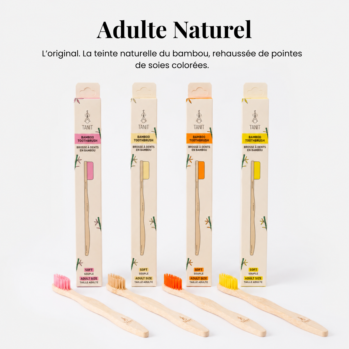 Adulte Naturel : quatre brosses à dents en bambou aux soies orange, beige, rose et jaune