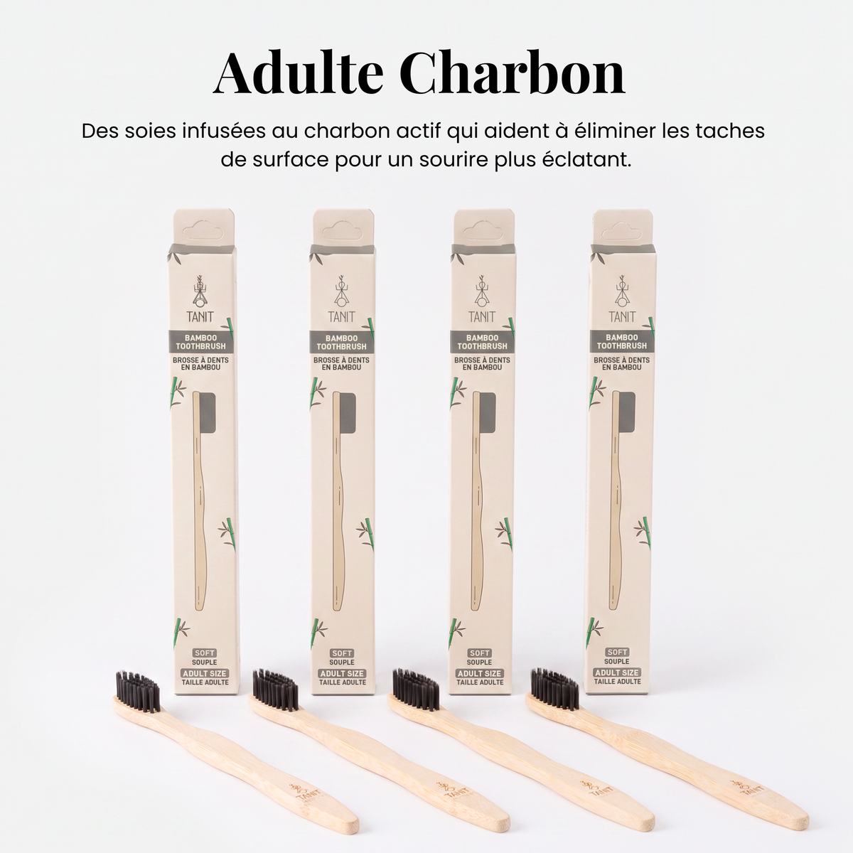 Adulte Charbon : quatre brosses à dents en bambou aux soies noires infusées au charbon