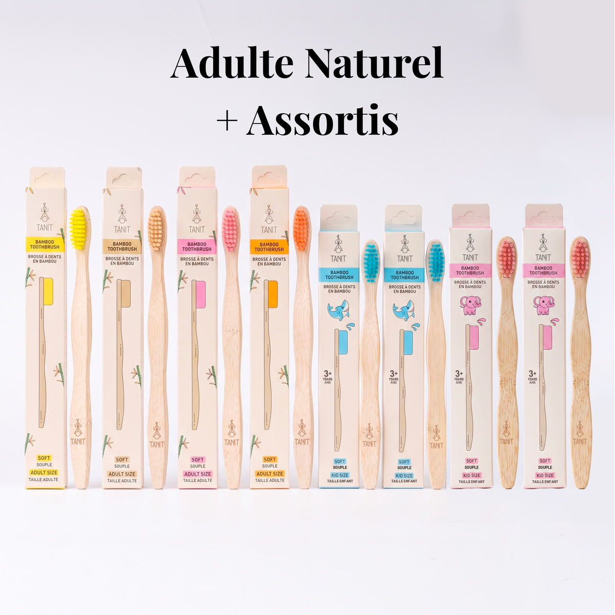 Adulte Naturel + Assortis : quatre brosses adultes Naturel avec un ensemble mixte de brosses enfants
