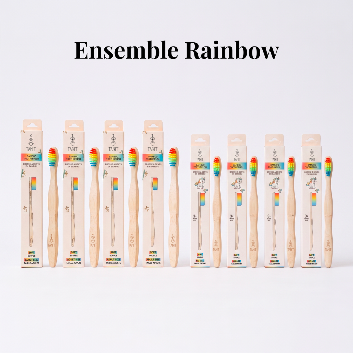 Ensemble Rainbow : quatre brosses adultes Rainbow et quatre brosses enfants Rainbow