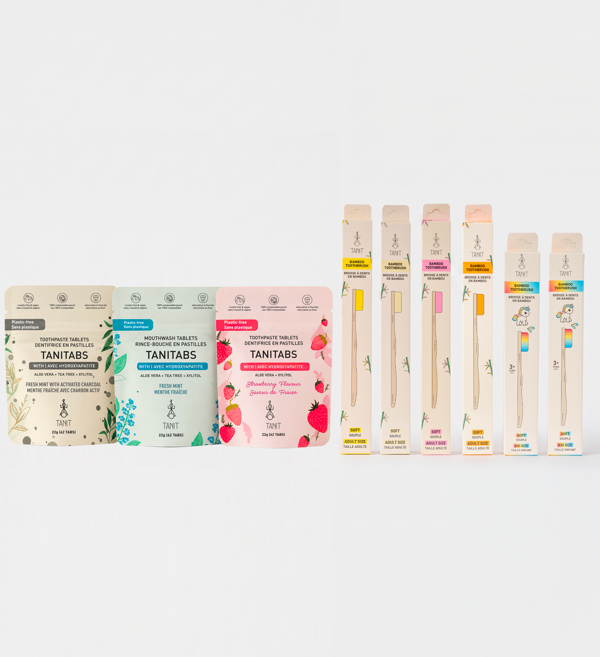 Ensemble découverte Healthy Smiles : pastilles dentifrice menthe-charbon et fraise, rince-bouche et six brosses à dents en bambou