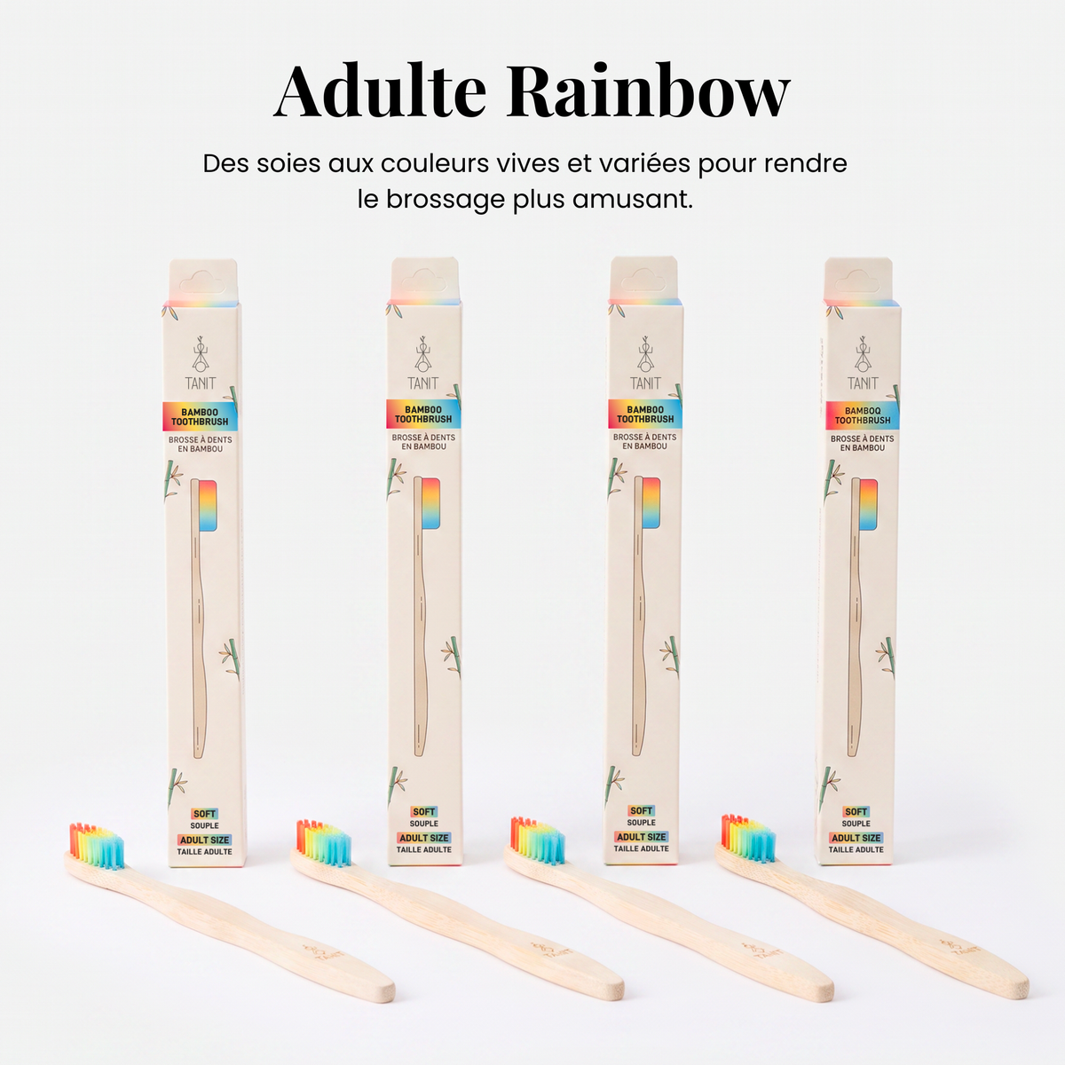 Adulte Rainbow : quatre brosses à dents en bambou aux soies multicolores