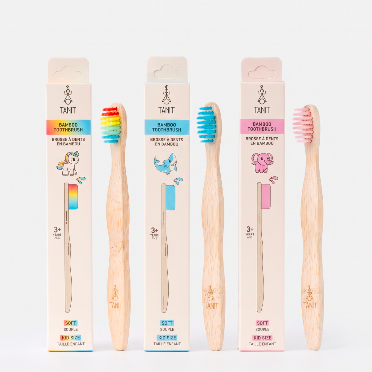 Brosses à dents en bambou TANIT pour enfants : Rainbow, Requin bleu et Éléphant rose