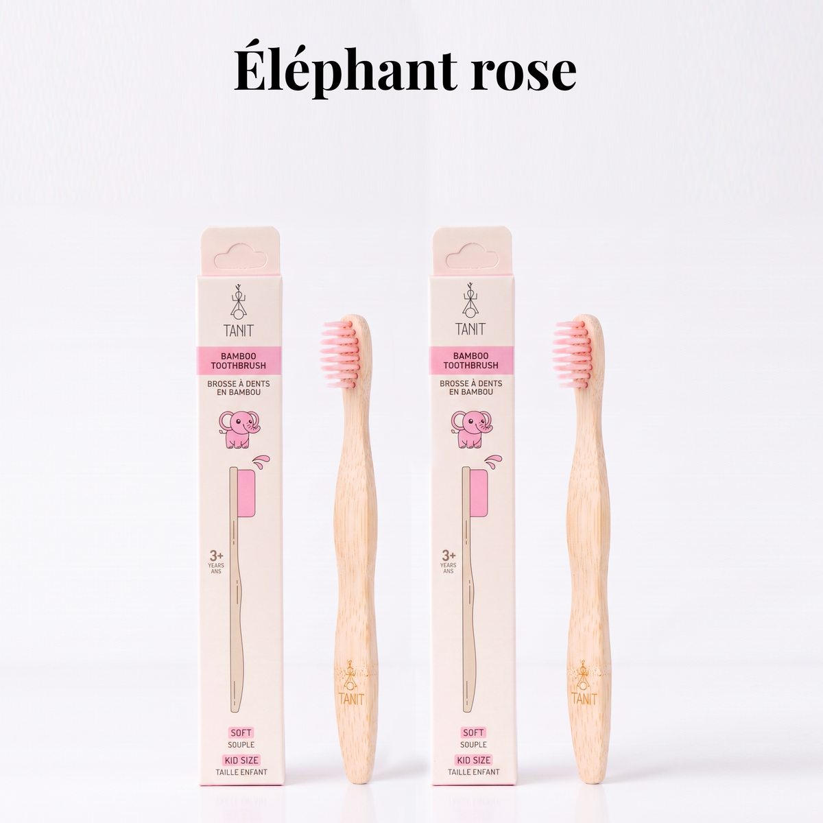 Éléphant rose : deux brosses à dents en bambou pour enfants avec leur emballage