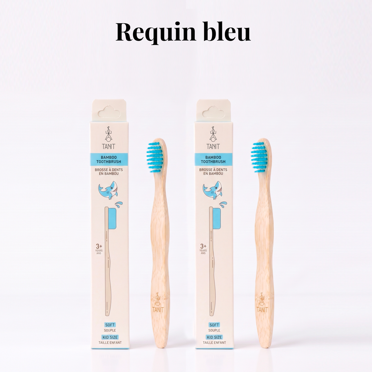 Requin bleu : deux brosses à dents en bambou pour enfants avec leur emballage