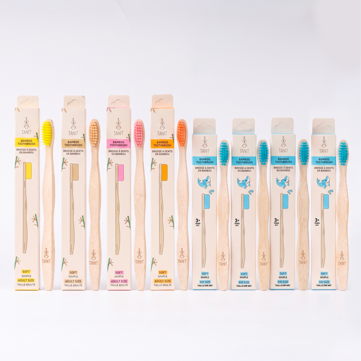 Ensemble familial TANIT : quatre brosses adultes et quatre brosses enfants en bambou