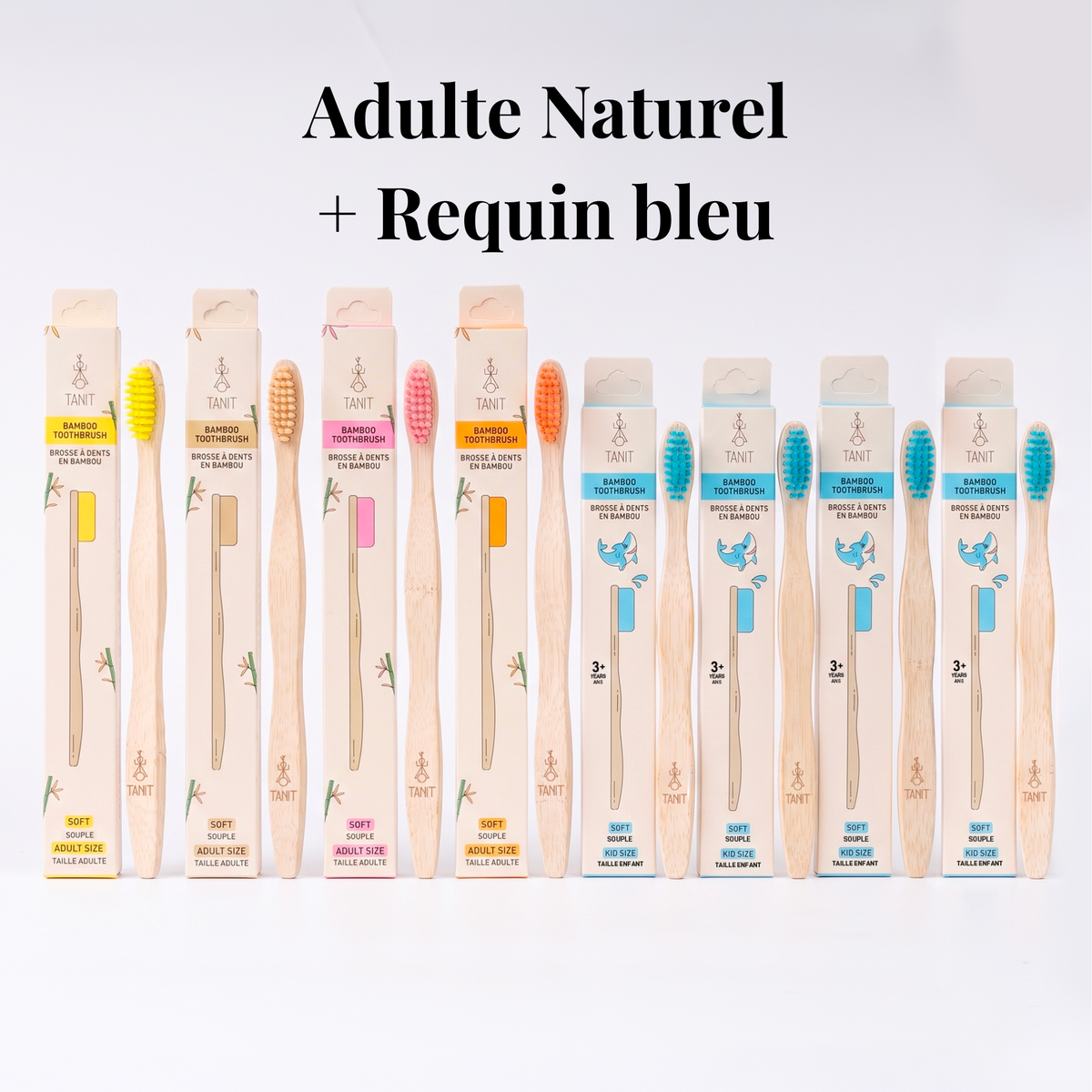 Adulte Naturel + Requin bleu : quatre brosses adultes Naturel et quatre brosses enfants Requin bleu