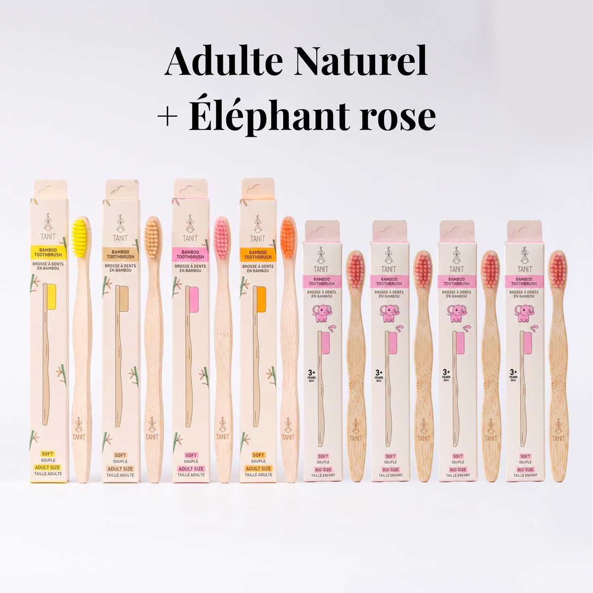 Adulte Naturel + Éléphant rose : quatre brosses adultes Naturel et quatre brosses enfants Éléphant rose