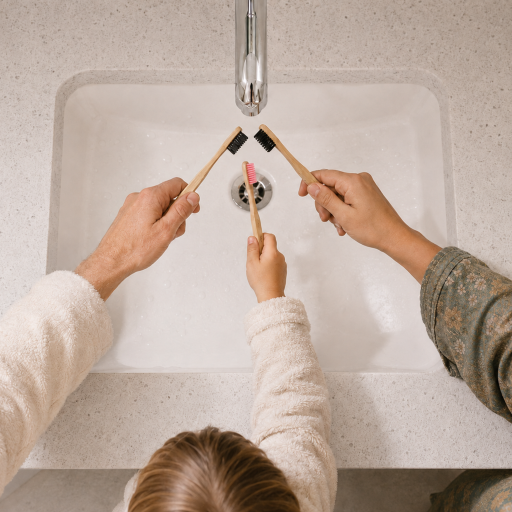 Une famille se brossant les dents ensemble au lavabo