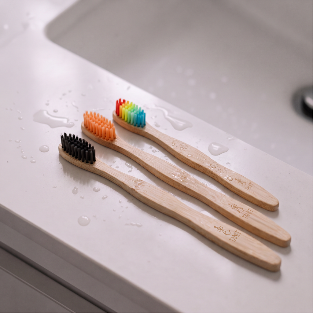 Trois brosses à dents en bambou TANIT posées sur le rebord d’un lavabo