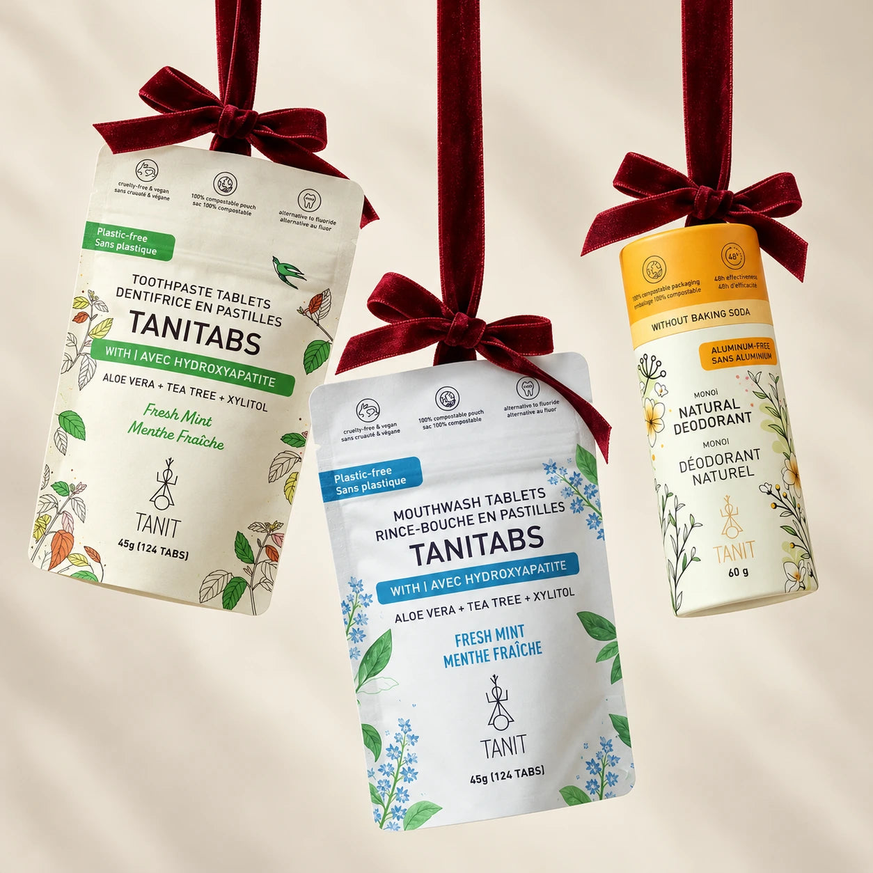 Dentifrice en pastilles, rince-bouche en pastilles et déodorant TANIT ornés de rubans de velours bourgogne